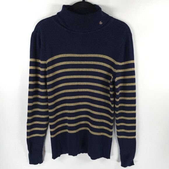 Lauren Ralph Lauren Sweaters - LAUREN RALPH LAUREN LOGO Navy Gold Metallic Stripe Cotton Blend Ribbed Sweater L